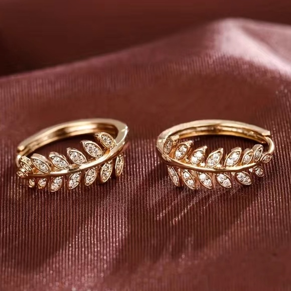 Cubic Zirconia Gold Plated Leaf Hoops - Picture 3 of 5